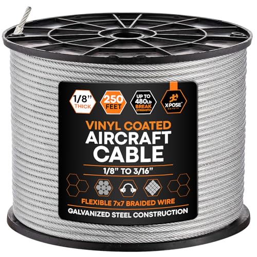 Image of Xpose Safety 7x7 Vinyl-Coated Galvanized Steel Aircraft Cable - 250 ft Wire for Pulley Systems, Winches, Marine & Boat Wire, Deck Railing, Cable Railing, Fencing, DIY Projects