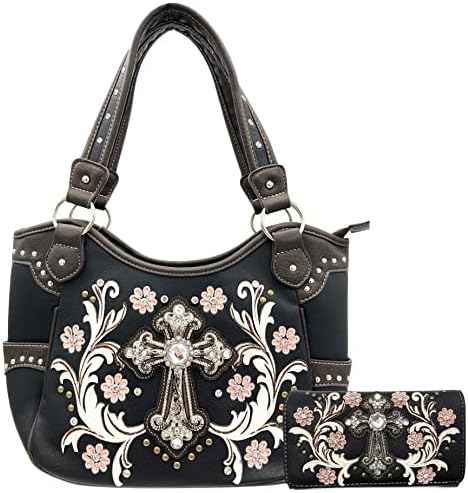 Zelris Western Cross Daisy Flower Women Conceal Carry Tote Handbag Purse Set (Colorful Black)