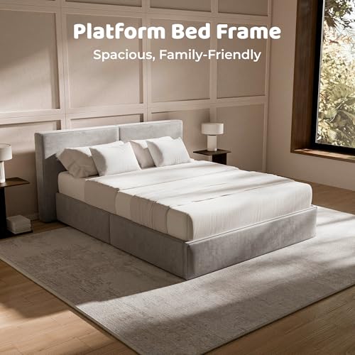 Image of RECCI Queen Platform Bed Frame with Plush Upholstered Headboard 6-Inch, Easy Assembly, Noise-Free Stability (Dove Gray, Queen (U.S. Standard))