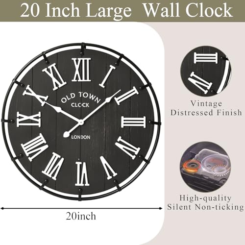 Image of EMAX HOME 20 Inch Large Farmhouse Wall Clock, Rustic Black Distressed Wood Grain Face with White Roman Numerals, Silent Non-Ticking Quartz Movement, Metal Frame Wall Decor for Living Room, Bedroom.