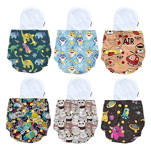 Image of Bumtum Baby Diaper | 0-3 Yrs Baby Freesize | Pack of 6, New Born Baby Diaper, Cloth Diaper, Waterproof Reusable Diaper, Washable, Cotton (Teddy Face, Space Old, Dinosaur, Wonderland, Baby Shark & Air)