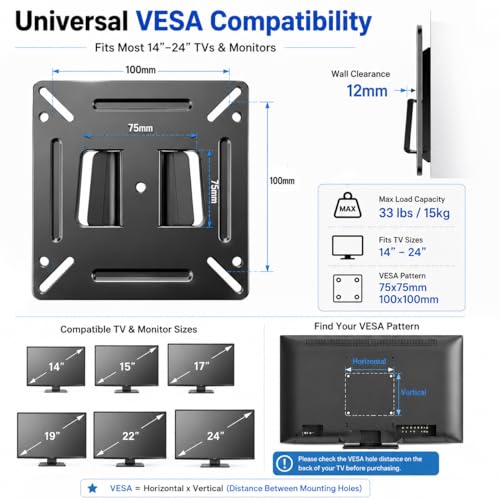 Image of Latin Fixed TV Wall Mount Bracket for 14-24 Inch LED /LCD TVs & Monitors | Universal Low Profile Slim Wall Mount | VESA 75x75 & 100x100 mm Compatible | Heavy Duty Metal Support up to 15kg