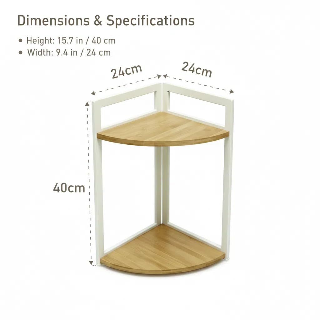 XZ-22122 Estante de Esquina de 2 Niveles con Marco de Metal Blanco y Baldas de Madera, Repisa Curva para Cocina, Estudio, Baño y Salón, Solución de Almacenaje para Rincones