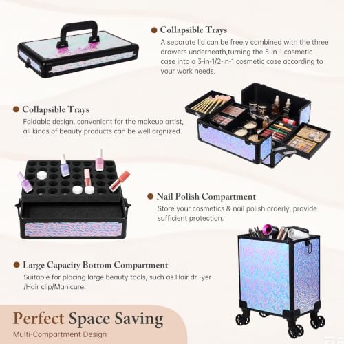 Image of 5 in 1 Rolling Makeup Train Case Professional Cosmetic Trolley Large Storage Organizer on Wheels for Hairstylist Artist Nail Beauty Salon Barber Shiny Purple