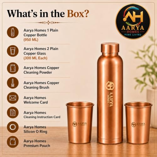 Image of Pure Plain Copper Water Bottle (950ml) with 2 Copper Glasses (300ml) Combo Set | High-Grade Pure Copper | Gifting Item for Festival, Wedding, Birthday & Corporate Gifting | PURE LIVING.