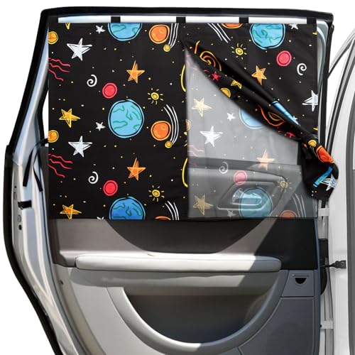 Image of Car Window Shades, 2 Packs Magnetic Car Sun Shades for Baby, 2 Layers for Blackout/See Through Options Colorful Starry Pattern Side Window Curtain for Kids Heat/UV Blocker
