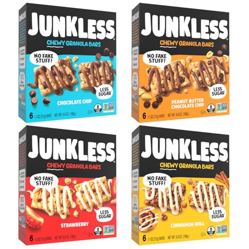 JUNKLESS Classic Chewy Granola Bars - Bulk Variety Pack, Gluten-Free, Non-GMO, Lower Sugar, Healthy Snacks for Kids & Adults, 4 Boxes (24 Bars)