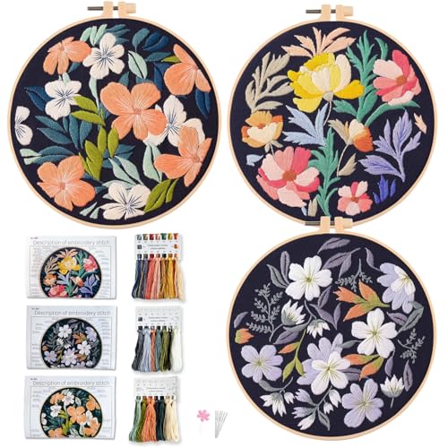 Myfelicity Embroidery Kit, Set of 3 Decorative Hoops with Black Background, Colorful Flower Patterns