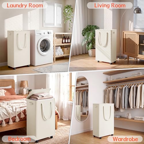 Image of Slim Laundry Hamper with Wheels,20 Gal (75L) Rolling Laundry Basket with lid and wheels Clothes Hamper Foldable Tall Dirty Clothes Basket Sturdy Collapsible Clothes Hamper for Dorm,Laundry Room