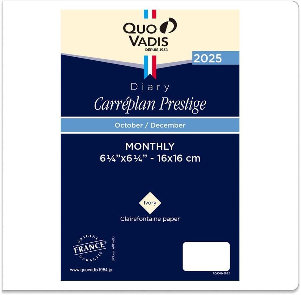Quobadis qv124rech-pe Diary Diary "Kareplan Prestige/Refill" (Monthly Blocks, Begins October 2024, Square Size, 6.3 x 6.3 inches (16 x 16 cm)