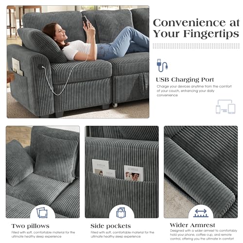 Ihanherry 59-inch Corduroy Convertible Sofa Bed with USB Charging Port, Side Pockets, and Wide Armrests – Full Size Sleeper for Living Room, Bedroom, and Multi-Scenario Use（Gray） - image 5