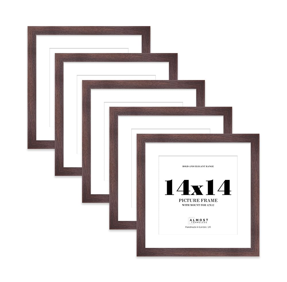 14x14" Walnut Square Frame With Mount for 12x12" Pictures 28mm Edge Frame Display with Wall Hooks, 5 Pack
