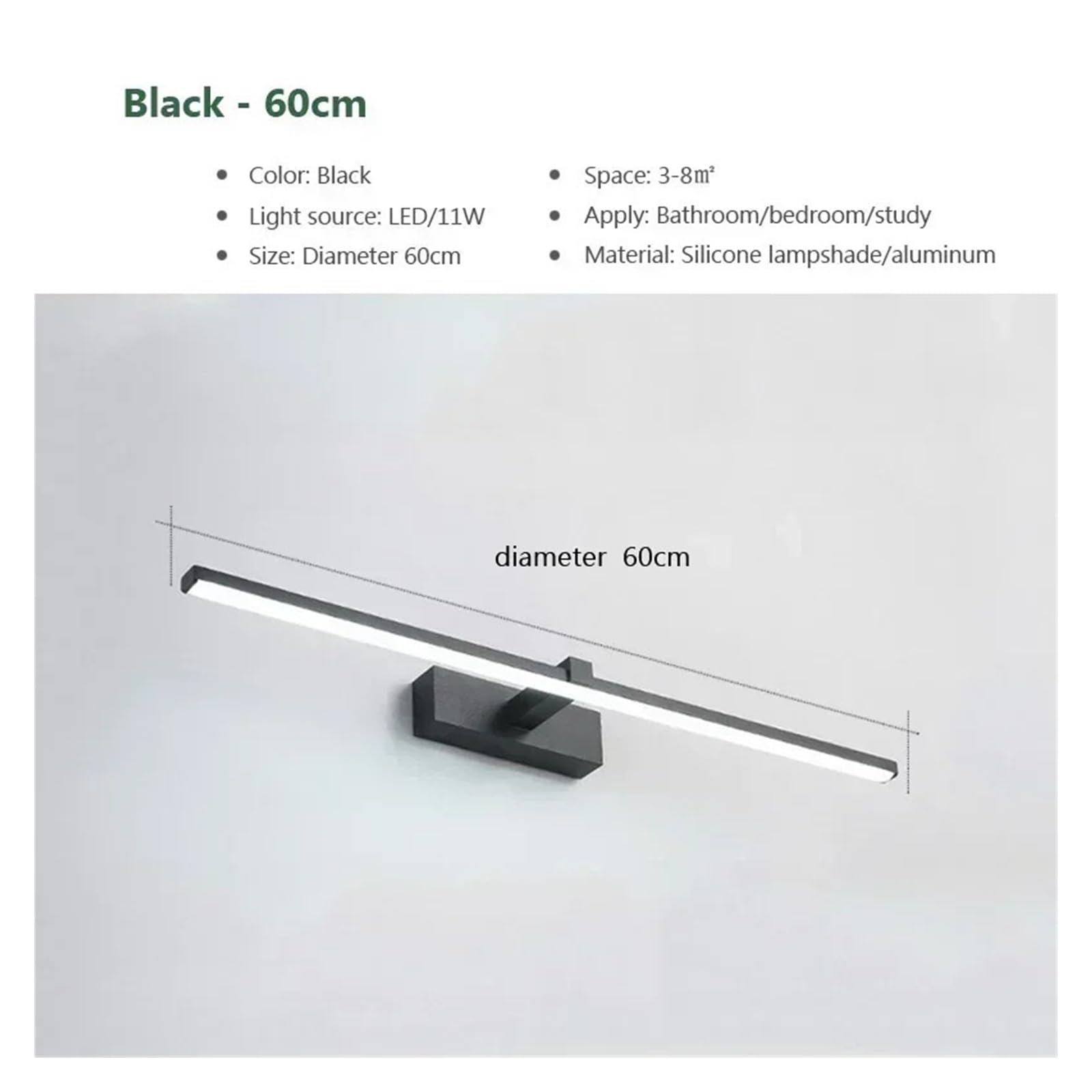 Nowoczesna Lampa Ścienna LED Vanty Aluminiowa Kinkiet Ścienny Do Lustra Łazienkowego Reflektor Oprawa Oświetlenia Wewnętrznego Lustre Make Up Light MałY I Jasny(Warm White,Black 60cm)