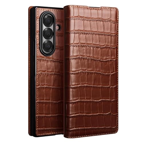 For Samsung Galaxy Z Fold 7用本革ケース、マグネット式フリップカバー、高級ビジネスクロコダイル柄フルカバー保護ケース(Brown)
