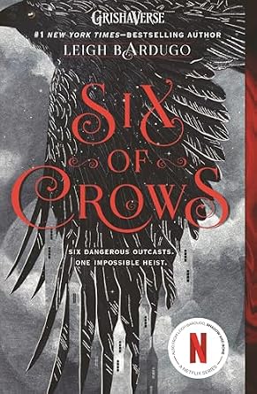 Six of Crows by Leigh Bardugo, depicting a black crow wing in front of a cloudy black and white background.