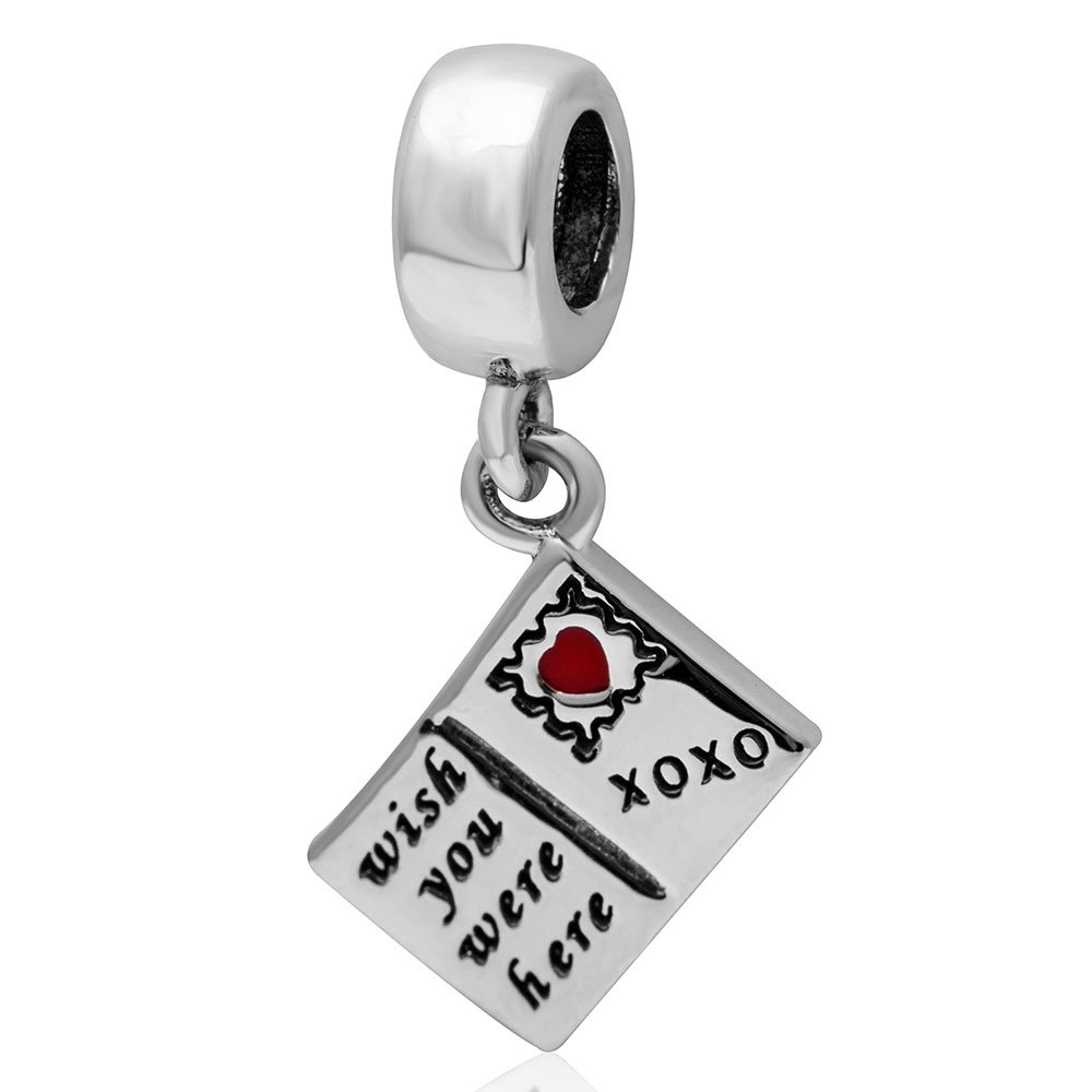Hoobeads Wish You were Here Postcard Travel Charm Authentic 925 Sterling Silver Red Enamel Heart Dangle Charms Fit Bracelet