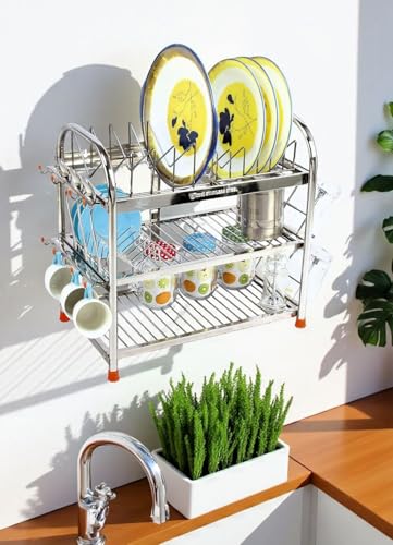 Image of AMOL Premium Stainless Steel 3-Tier Dish Rack | Kitchen Rack for Utensils, Plates & Glasses | Wall Mount & Countertop | Rust-Proof Kitchen Stand | Size- 18x18x11 inches (RW21-18x18x11)