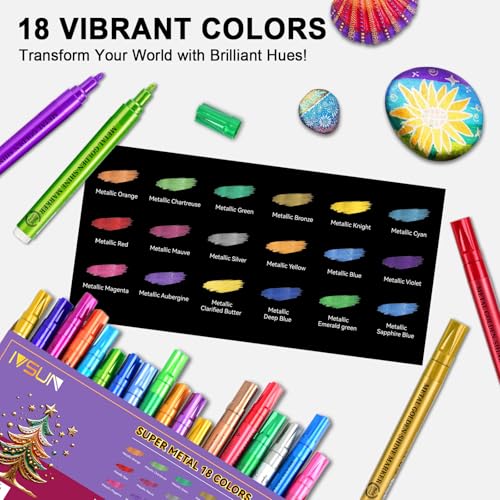 Image of IVSUN Metallic Markers, 18 Colors Glitter Acrylic Gold Paint Pens | Super Golden Markers for Black Paper, Rock, Glass, Wood, Scrapbooking, Photo Albums, Card Making, DIY Crafts Supplies