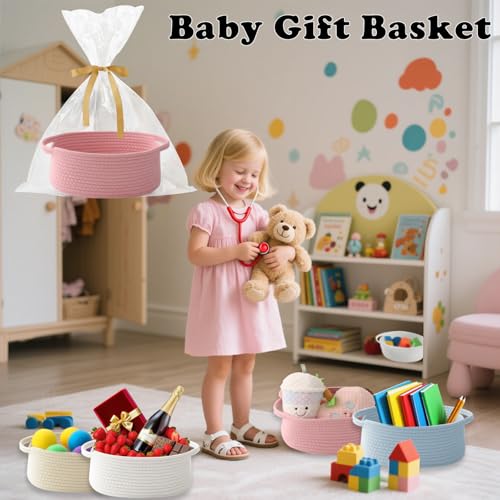 Image of Pink Woven Rope Basket - Baby Gift Basket with Bag & Ribbon