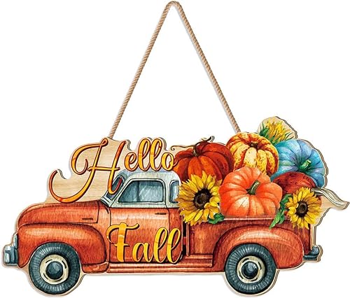 Image of ANGEL INFINITE Hello Fall Wooden Wall Hanging Decor | Premium Harvest Truck Decorative Sign with Pumpkins & Sunflowers | Rustic Autumn Door Hanging for Living Room & Entrance (34x18 cm)