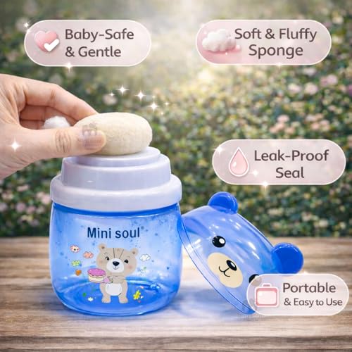 Image of Baby Powder Puff with Container Soft Feather Sponge Powder Applicator for Newborn & Infant Transparent Refillable Case Mess-Free, Leak-Proof, Baby-Safe Powder Puff for Kids Blue