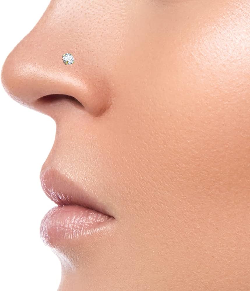 Natural Diamond Top 18K Solid Yellow Gold 22 Gauge Corkscrew Twist Nose Screw - Tiny Nose Stud - Diamond Nose Piercing Body Jewelry
