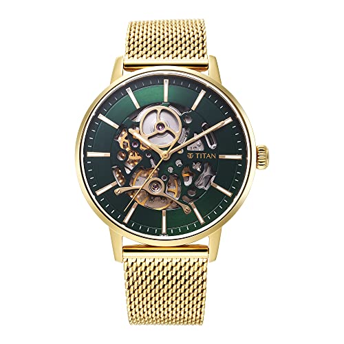 Image of Titan Mechanical Slimline Automatic Green Dial Gold Stainless Steel Strap Watch for Men - NT90159YM01