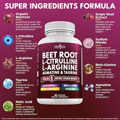 Image of NEW AGE Beet Root Capsules - L Arginine, L Citrulline, Nitric Oxide, Beetroot Powder, Arginine, Citrulline Supplement - 180 Vegan Capsules