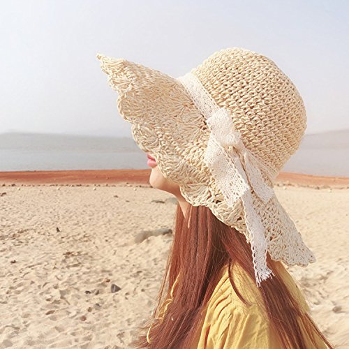 Greenery-Gre PT-44484 Summer Beach Sun Straw Hats For Women Ladies Wide Brim Lace Bow Floppy Packable Travel Bucket Hats Upf 50+ Crushable Uv Fishing Cap Foldable Sun Protection Hat Beige thumb #1