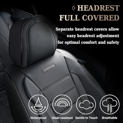 Image of Coverado Seat Covers, Car Seat Covers Front Seats, Car Seat Protector Waterproof, Car Seat Cover, Car Seat Cushion Nappa Leather, Black Seat Covers for Cars Carseat Cover Universal Fit for Most Cars