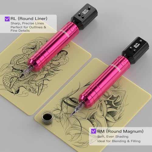Image of Wromhole Tattoo Pink Wireless Tattoo Kit Rotary Tattoo Pen Machine with 2 Rechargeable Power Supplies 10 Tattoo Inks 20 Cartridge Needles Complete Tattoo Supplies for Beginners