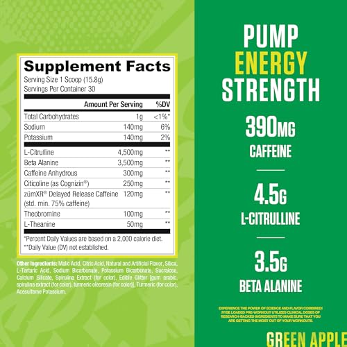 Image of RYSE Loaded Pre Workout Powder - Sour Punch Green Apple - Daily Pre-Workout for Men & Women with 390mg Caffeine, Beta Alanine, and Citrulline for Pump, Focus, and Energy - 30 Servings
