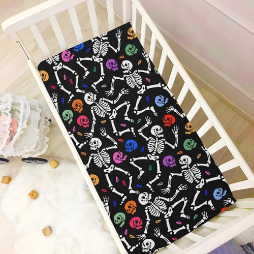 Image of CaTaKu Human Skeletons Crib Sheets for Baby Girls Boys,Neutral Mini Crib Mattress Sheets Fitted, Baby Nursery Bed Sheet for Crib Toddler Mattress 27 inchx 39 inch