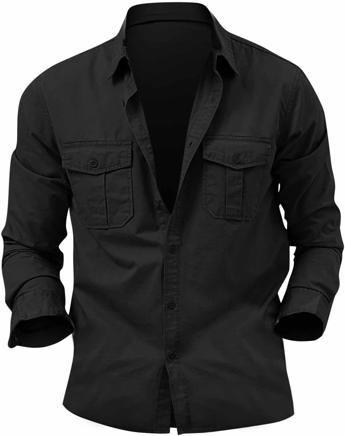 Ymosrh Men's Fall Shirts Long Sleeve Button Down Casual Cargo Hiking Work Dress Shirts with Pockets, M-3XL