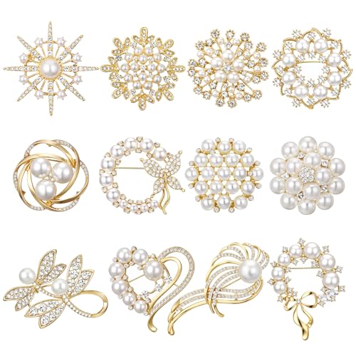Image of Junkin 12 Pcs Women Brooches Bulk Set Rhinestone Pin Crystal Vintage Brooch Retro Pin Women Girls Gifts for Christmas