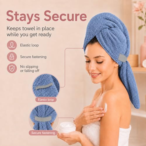 Image of Large Hair Towel Wrap for Women, Quick-Dry Turban, Ultra Absorbent & Anti-Frizz, Ideal for Long, Thick & Curly Hair, Soft Lightweight Microfiber Drying Towel (24x42, Blue)