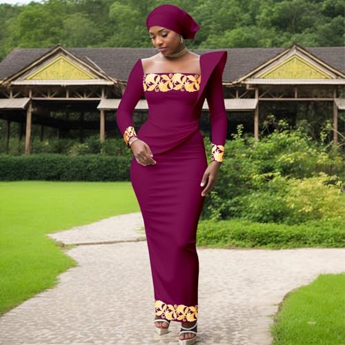 Image of African Dresses for Women High Waist Embroidery Elegant Traditional Midi Dress with Headscarf