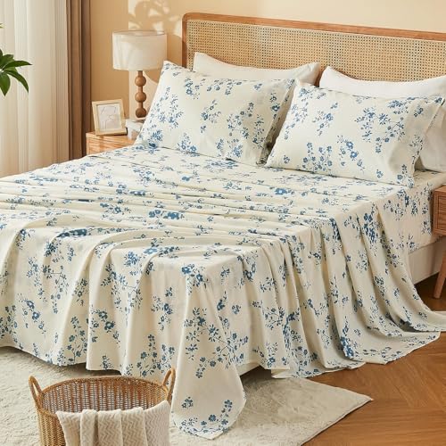 Image of Bedlifes 100% French Linen Floral King Bed Sheet Set - 16 inch Deep, 4Pcs | Soft & Durable, Breathable & Cooling, Pure Flax Linen, OEKO-TEX Certified, Moisture-Wicking, Easy Care, Machine Washable