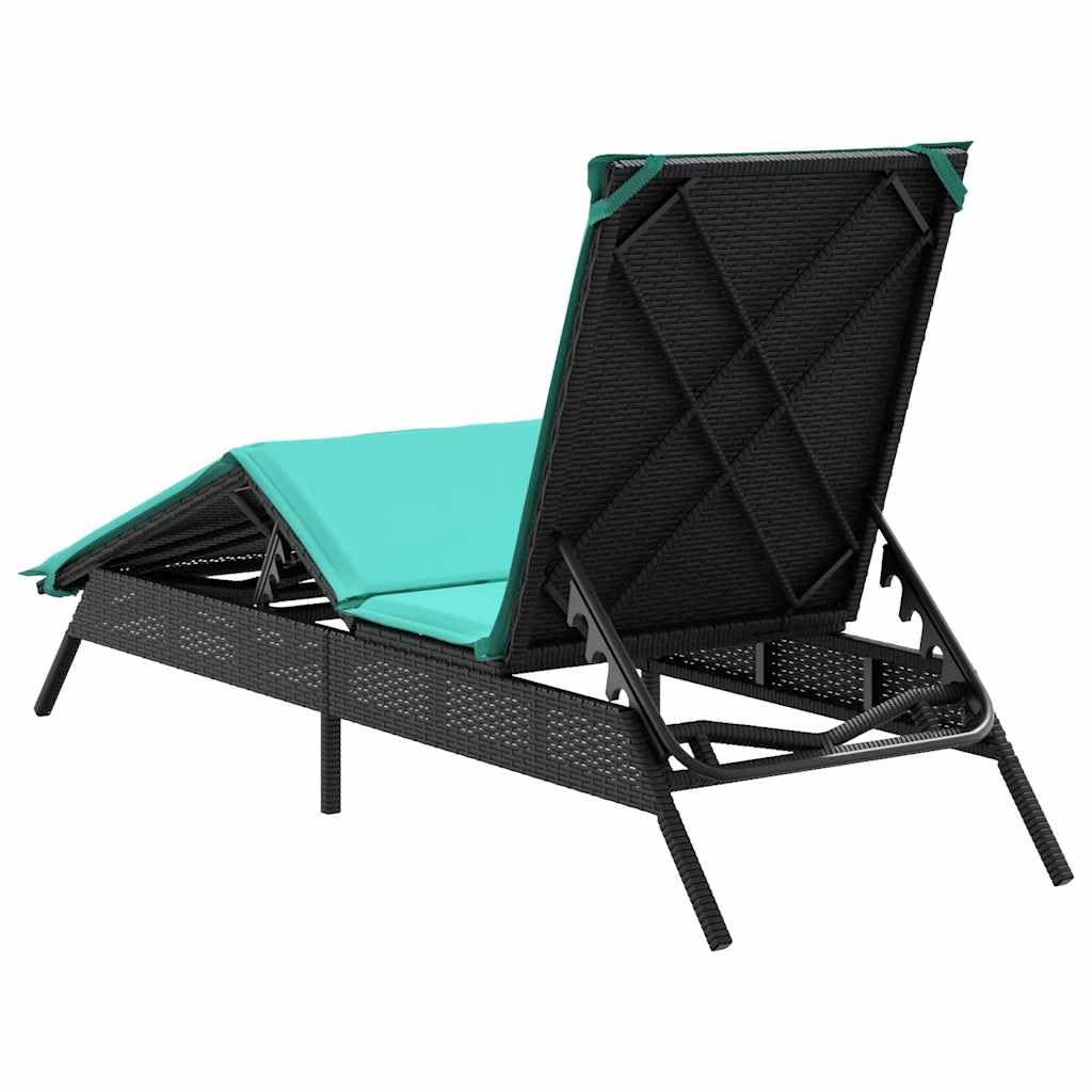Leżak ogrodowy z polirattanu PE, czarny, z poduszką, 200 x 55 cm, powierzchnia do leżenia, regulowane oparcie i podnóżek, na taras, balkon, basen, plażę