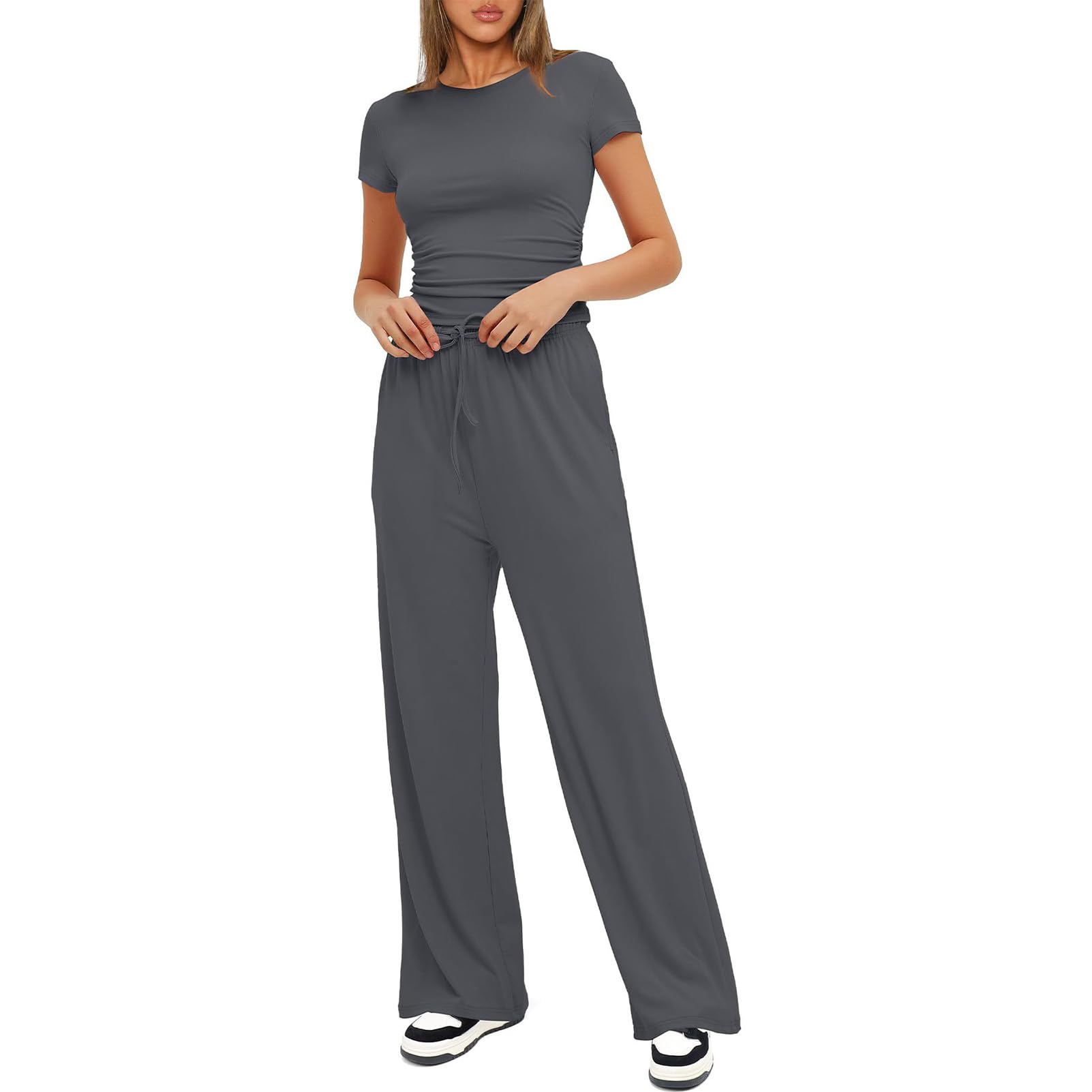 amropi Mujer Conjunto de 2 Piezas Manga Corta Camiseta Fruncida y Pantalones Anchos