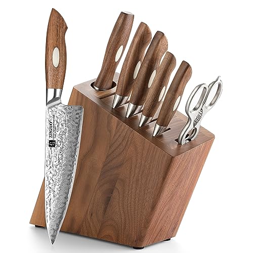 XINZUO 8 Pezzi Set Portacoltelli da Cucina AUS-10 Acciaio Damasco, Professionale Set di Coltello da Chef -Manico in Legno di Noce Nero -con Blocco Coltelli Forbici da Cucina e Acciaini Affilatori