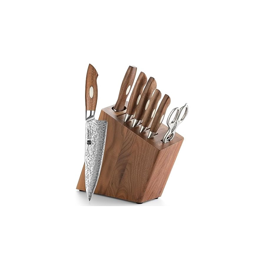 XINZUO 8 Piece Damascus Kitchen Knife Set with Block and Sharpener, Japanese AUS-10 Professional Chef Knife Set with Multifunctional Kitchen Scissors,Black Walnut Wood Handle,Exquisite Box Package