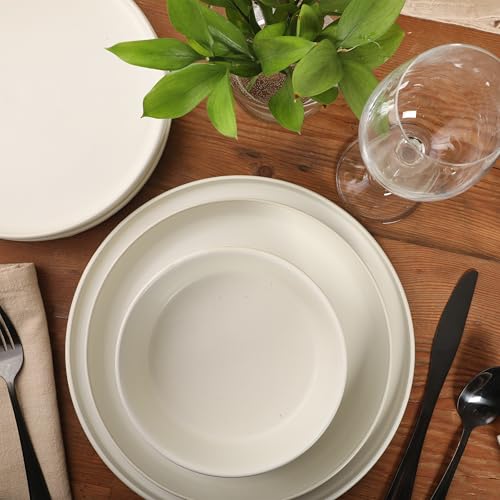 Image of Gibson Elite Bayou Moon Plates and Bowls Sets, 16-Piece White Matte Stoneware Dinnerware Sets, Solid Color Reactive Glaze Dish Set