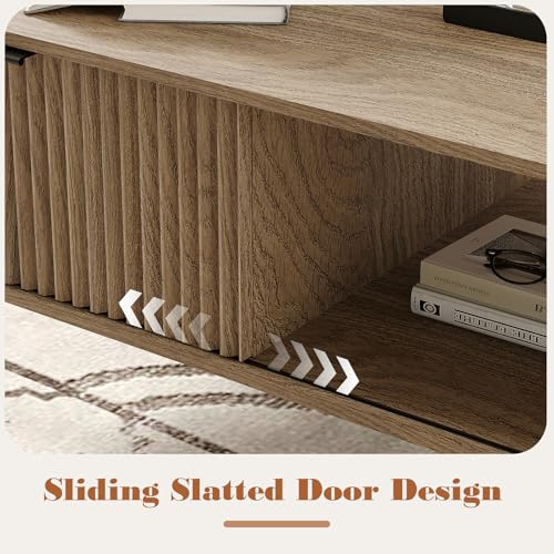 Coffee Table with Storage, Wooden Coffee Tables with Sliding Door and Solid Wood Legs, 2-Tier Cocktail Table, Mid Century Modern Coffee Table for Living Room, Home Office, Farmhouse, Natural