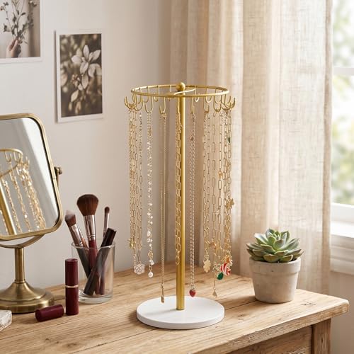 Afcabakila 2 Pcs Necklace Holder Jewelry Organizer With 22 Hooks Gold Metal And Wooden Base Stand For Hanging Bracelet Keychain Storage Home Bedroom Dressing Table Decor For Women by Afcabakila - Used condition - Image 4
