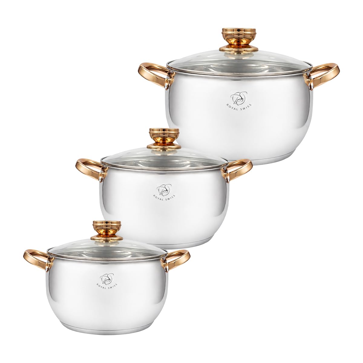 Royal Swiss® Batterie de Cuisine Inox 10 Pièces – Casseroles & Poêles avec Couvercles en Verre – Tous Feux – Acier Inoxydable Durable (6 pcs Gold)