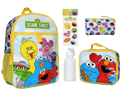 INTIMO Sesame Street Group Cookie Monster Elmo Big Bird 5 PC Mega Set Backpack Lunch Box Pencil Pouch Waterbottle Stickers