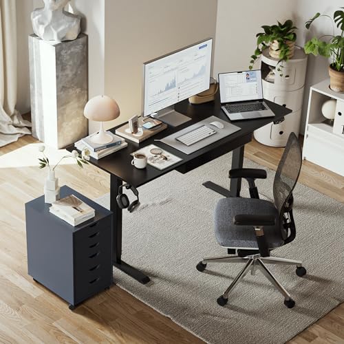 Image of Agilestic Adjustable Height Electric Standing Desk with Storage Wooden Drawer, 55 x 24 Inches Stand Up Home Office Computer Gaming Table with Splice Board for Work Office Home, Black