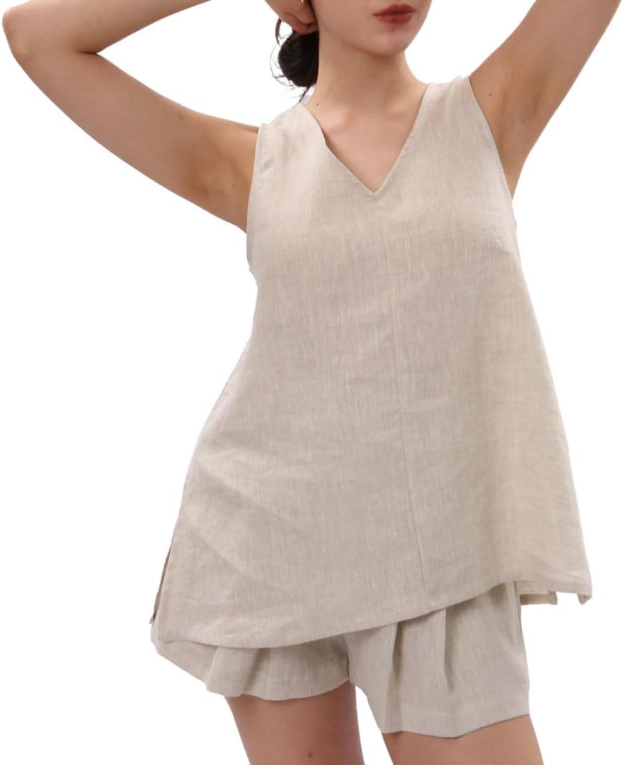 Amazhiyu Women's 100% Linen Summer V Neck Sleeveless Tunic Tank Tops Loose Fit