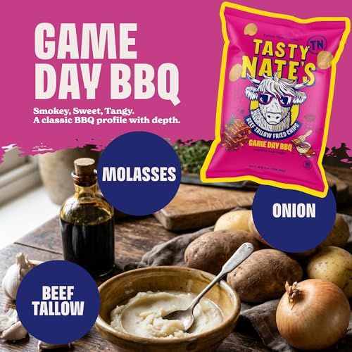 Image of Tasty Nate's Beef Tallow Potato Chips - Game Day BBQ Flavor Kettle Chips Fried in 100% Beef Tallow Seed Oil Free - Gluten Free Healthy Snacks Paleo Friendly 7oz Bag - Pack of 4